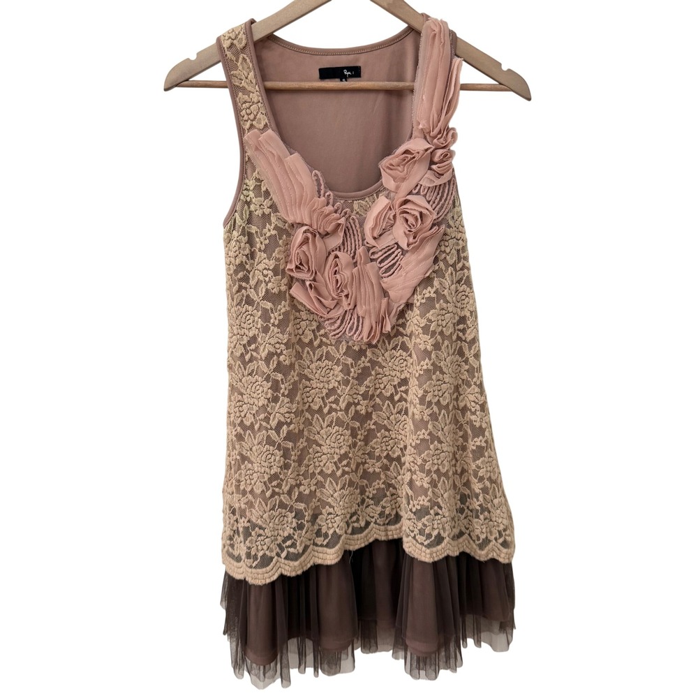 Ryu Lace Rosette Tulle Mini Dress S Tan Brown Sleeveless Coquette Fairy